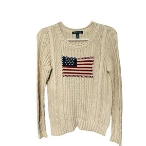 Lauren Ralph Lauren Aran-Knit American Flag Sweater – Cream – Size S